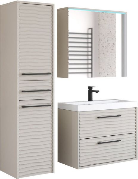 welltime Badmöbel-Set Canada - Fronten mit Wellenstruktur, (Komplett-Set, 3-St, Fronten mit Wellenstruktur), Badmöbel mit Soft-Close, Spiegelschrank, Waschtisch mit Becken