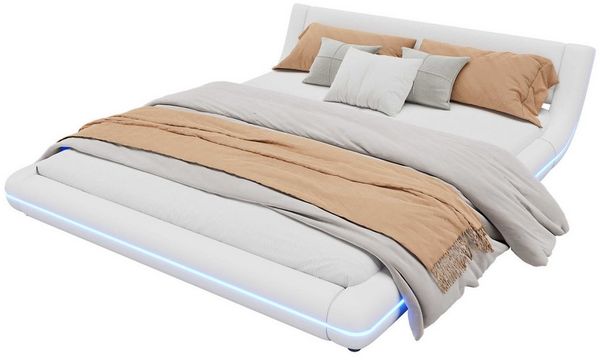 BlingBin Polsterbett Bodenbett (1-tlg, mit LED-Umgebungsbeleuchtung, APP-Steuerung), 160x200 cm Bodenbett in Weiß aus PU und MDF