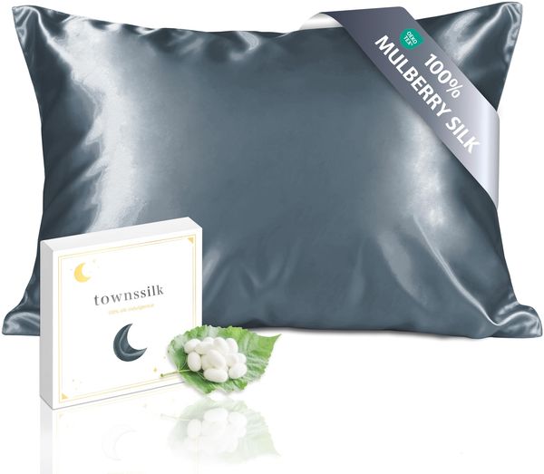 townssilk Kissenbezug Seide 100% 19mm Pure Maulbeerseide,Beidseitig Seide,für Haar Haut Gesundheit,kopfkissenbezug Seide,verstecktem Reißverschluss,1Stück,40x60 cm,Grayishblue