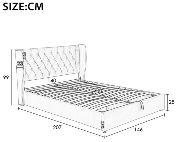 REDOM Polsterbett Doppelbett Bett Stauraumbett Jugendbett gepolsteres Bettgestell (Massivholz Untergestell mit Hydraulisch anhebbarer Bettstauraum, Samt Bezug Funktionsbett mIt Staufächer 140x200 cm Ohne Matratze), mit weichem Kopfteil Schaum-Polsterun... Bild 4