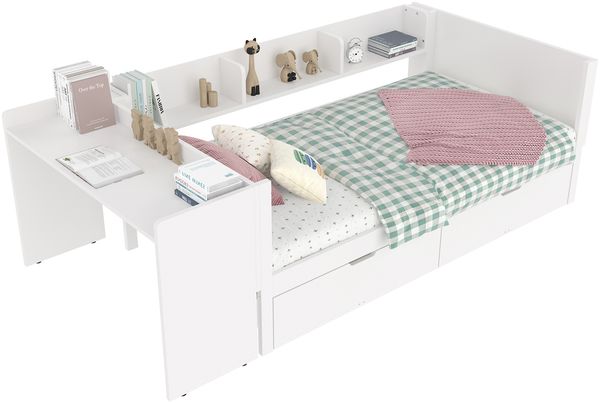 Kinderbett 90x200 cm mit Schreibtisch & 2 Schubladen, Kiefernholz/Spanplatte, weiß, integrierte Regale, hoher Rausfallschutz Bild 5