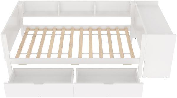 Kinderbett 90x200 cm mit Schreibtisch & 2 Schubladen, Kiefernholz/Spanplatte, weiß, integrierte Regale, hoher Rausfallschutz Bild 7