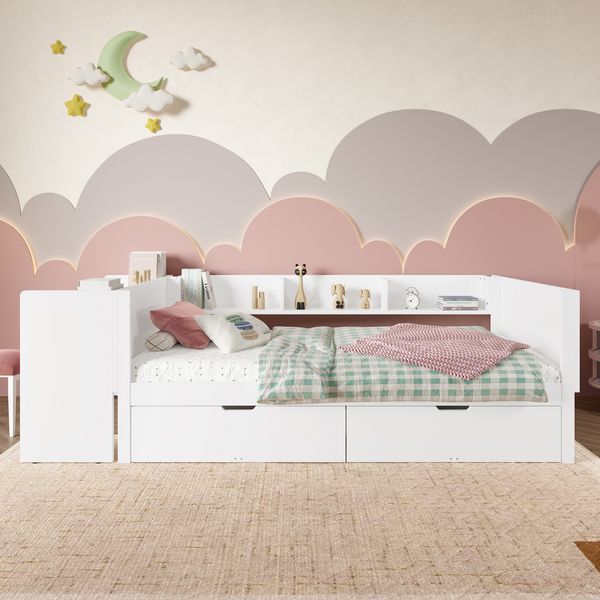 Kinderbett 90x200 cm mit Schreibtisch & 2 Schubladen, Kiefernholz/Spanplatte, weiß, integrierte Regale, hoher Rausfallschutz