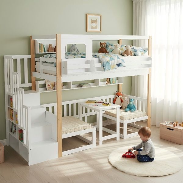 Novelux Etagenbett 90x200 cm mit Aufbewahrungstreppe und klappbarem Tisch – Kiefer/MDF/Sperrholz in Weiß+Natur, Bücherregal, Sicherheitsgeländer