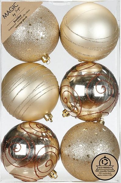 MAGIC by Inge Weihnachtsbaumkugel, Weihnachtskugeln Kunststoff 8cm mit Glitzer 6er Set - Creamy Gold