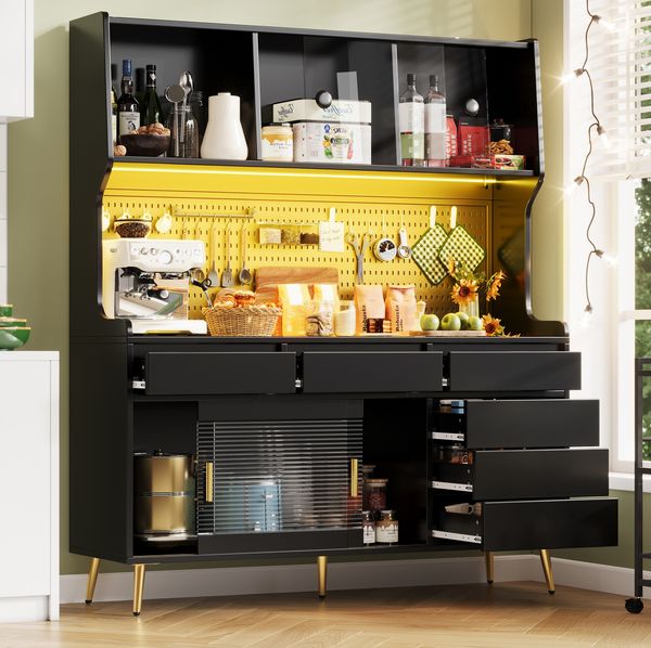 Hochschrank mit Glasfront & LED-Beleuchtung, 145 x 39 x 171 cm, Schwarz