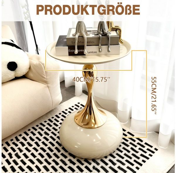 TWSOUL Couchtisch Runder Modern Beistelltisch, Metall Luxus Nachttisch Kaffeetisch, 55*Ø40cm, für Wohnzimmer Schlafzimmer Balkon, Cremeweiß/schwarz