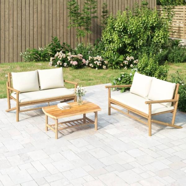 vidaXL 3-tlg. Garten-Lounge-Set mit Kissen Creme Bambus 3156473