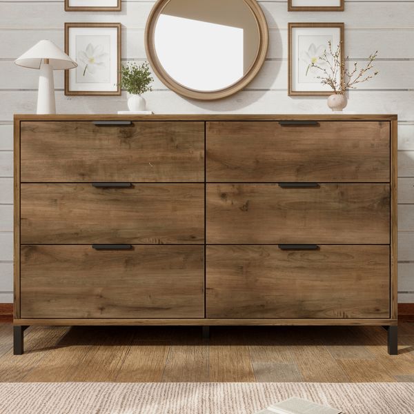 Kommode 120 x 40 x 76 cm mit 6 Schubladen – Sideboard in Dunkler Eiche mit Metallrahmen
