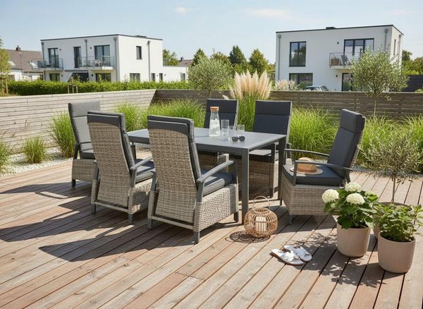 KONIFERA Garten-Essgruppe Menton, (Set, 13-tlg, 6x Stuhl, 6x Auflage, 1x AZ-Tisch), bestehend aus 6 Sesseln mit 6 Sitzauflagen und 1 Tisch
