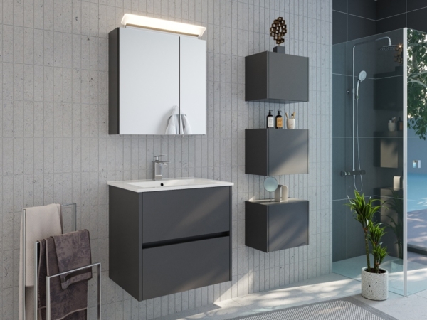 Badmöbelset Taifun 60cm 3tlg mit Spiegelschrank & 3er Boxen Set grafit : Grafit