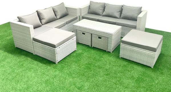 Fimous Polyrattan Gartensofa Set Couchtisch 4 Hockern Hellgrau gemischt 10-Sitzer