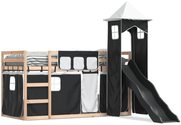 vidaXL Etagenbett mit Rutsche und Gardinen Weiß und Schwarz 80x200 cm 3284197