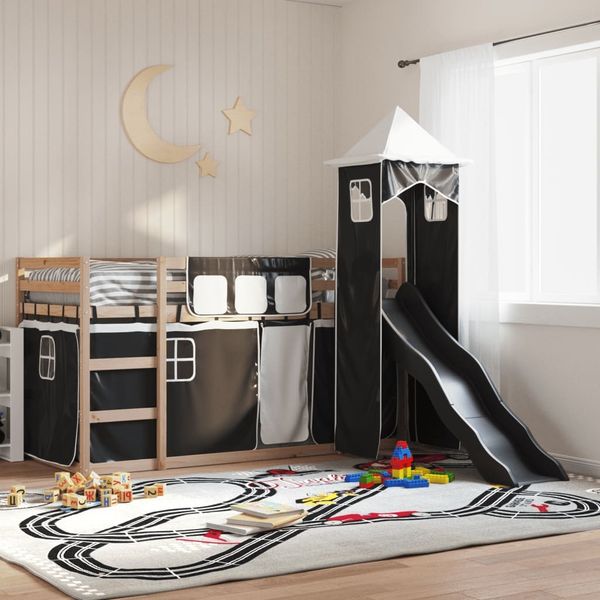 vidaXL Etagenbett mit Rutsche und Gardinen Weiß und Schwarz 80x200 cm 3284197