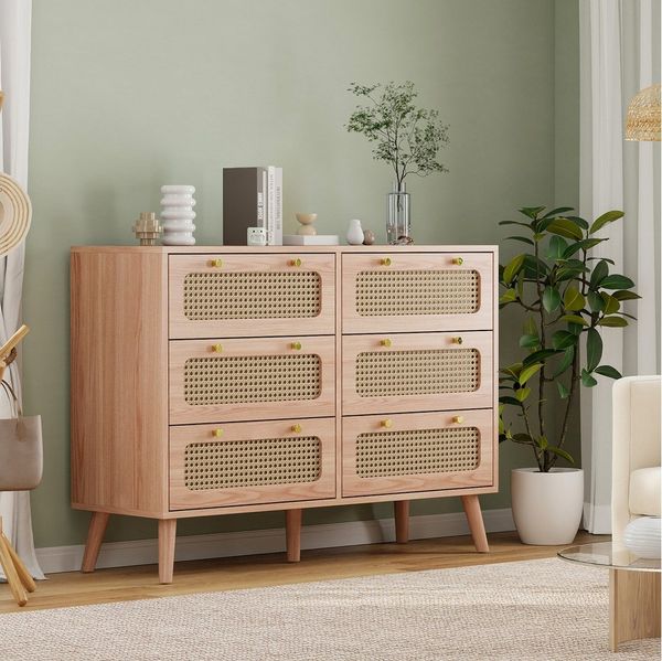 Furnishings Home Sideboard Schrank Kredenz Rattan Küchenschrank (1 tlg), Moderne 100cm breite, Rattan Schubladenfronten, vielseitig einsetzbar