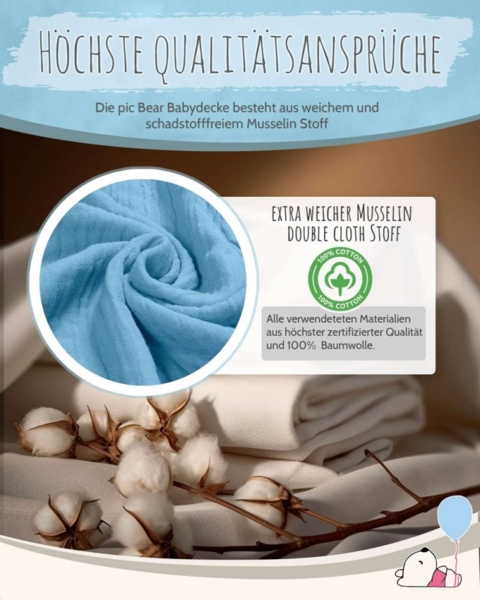 pic Bear Babydecke Kuscheldecke 70x100cm, airy blue Musselin : airy blue Musselin