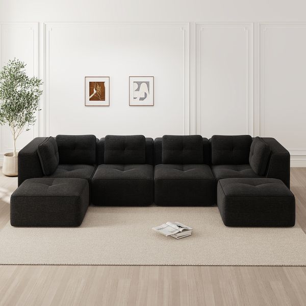 Modulares Ecksofa 69cm×386cm×177cm in Schwarz – tiefes Schlafsofa aus Cord mit rutschfestem Standfuß