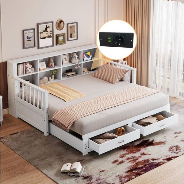 Merax Daybett 90/180x190cm mit USB-Ladeanschluss (1 tlg), Ausziehbares Schlafsofa Kinderbett mit Ablagefächern und 2 Schubladen