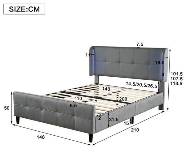 STILVORA Polsterbett Doppelbett 140x200cm Jugendbett mit LED-Leist & verstellbares Kopfteil (mit 16-farbiger LED-Leisten an den Seitenohren, Gesteppte Kopf- und Fußteil, Bettkopf in drei Höhen verstellbar), Samt 140x200 cm,Ohne Matratze Bild 4