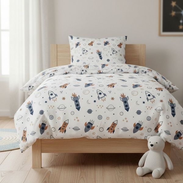 MTOnlinehandel Kinderbettwäsche Space Weltall-Abenteuer 135x200 + 80x80 cm in Renforcé, Rakete, 100% Baumwolle, 2 teilig, Galaxis • Weltall • Blau • Weiß • Beige