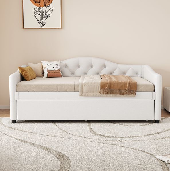 Bett 90x200 cm mit ausziehbarem Rollbett – Leinenbezug, minimalistisches Design, ohne Matratze