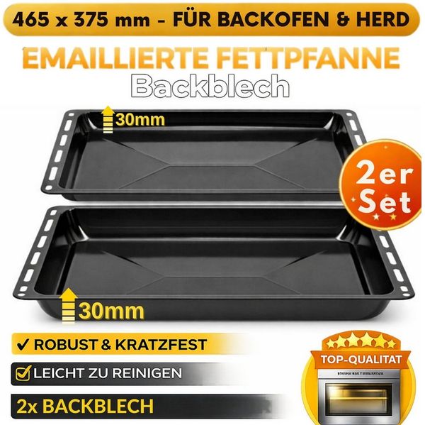 ICQN Backblech 465 x 370 x 30 mm, Emaille, (Set mit Backblech, 2-St), Passend für Bosch, Neff, Constructa, Beko, Samsung, Teka