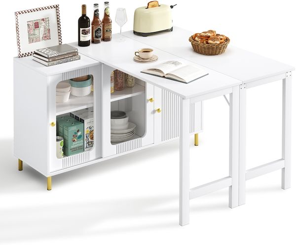 Moderner weißer Buffet-Sideboard mit klappbarer und ausziehbarer Tischplatte, drehbarer Oberfläche, goldenen Metallbeinen, Glasschiebetüren und Wellenmuster – Perfekt für Esszimmer und Küche