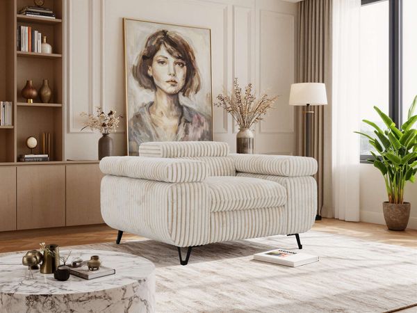Einzelsessel, Polstersessel PETER mit verstellbaren Armlehnen und Kopfstütze, 1-Sitzer Sofa, Ohrensessel, Wellenfeder - Beige Cord