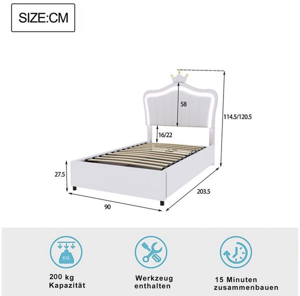 Celya Polsterbett Kinderbett 90x200 cm, Mit Kronendesign, Mit LED-Beleuchtung (Ohne Matratze, Hydraulisches Stauraumbett, Höhenverstellbares Kopfteil), Einzelhochboxbett mit Lattenrost, Kunstleder, Weiß