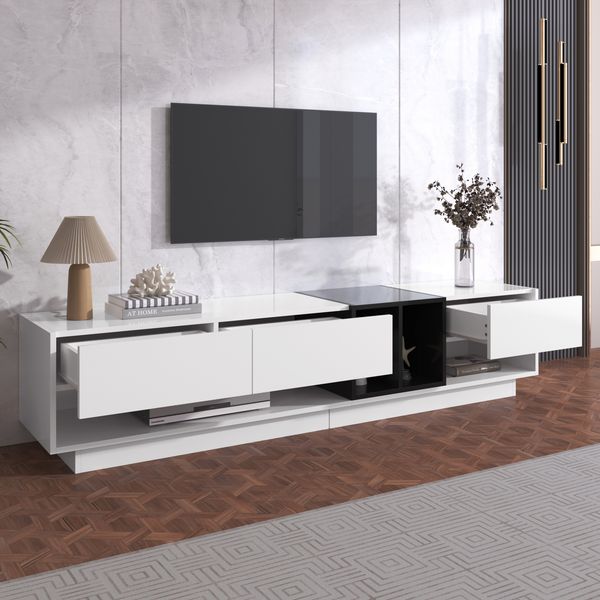 TV-Schrank 190 x 40 x 42 cm aus Spanplatte, Hochglanz in Weiß/Schwarz mit 3 Schubladen