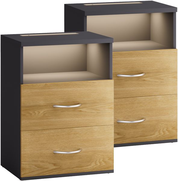 CASARIA® Nachttisch 2er Set mit Schubladen & Beleuchtung Holz Grau