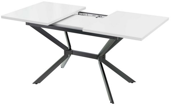 BBWL Esstisch Weißer erweiterbarer Esstisch 120 bis 160 x 80 cm (mit schwarzen Metalltischbeinen moderner minimalistischer Stil robuste MDF-Tischplatte stabil und langlebig belastbar bis 60 kg flexibel teleskopisch erweiterbar ideal für 4 bis 6 Persone...