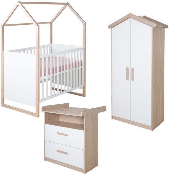 roba Babyzimmer Set Cabane 3-teilig - Baby- & Beistellbett 60 x 120 cm + Wickelkommode + Kinderkleiderschrank 2-türig in Hausoptik - Weiß / Dekor Eiche