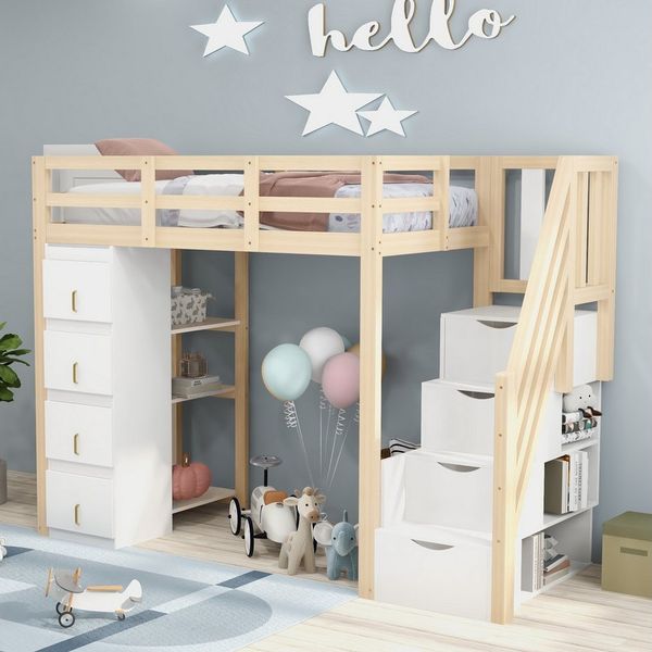 Flieks Hochbett Kinderbett 90x200 cm mit Schubladekommode, Regalen und Stauraumtreppe