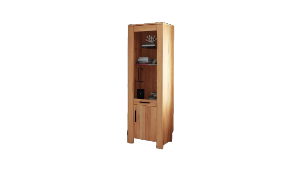 Vitrine Lubic aus Wildeiche massiv 67x45x205 cm mit 2 Türen Glas und Holzbeinen