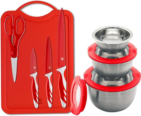 KING Schneidebrett »FRESHIN«, Edelstahl, Kunststoff, (Spar-Set, 11-St, Schüsselgrößen: Ø17.5 Ø14.5 Ø12cm, 3 Messer, 1 Schneidebrett, 1 Schere), Schüsseln Edelstahl, mit Frischaltedeckel, Schneidebrett