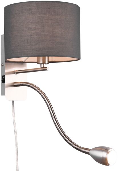 Wandlampe HOTEL mit Leselampe, Schalter & Stecker, Stoffschirm Grau, Höhe 23,5cm Bild 2