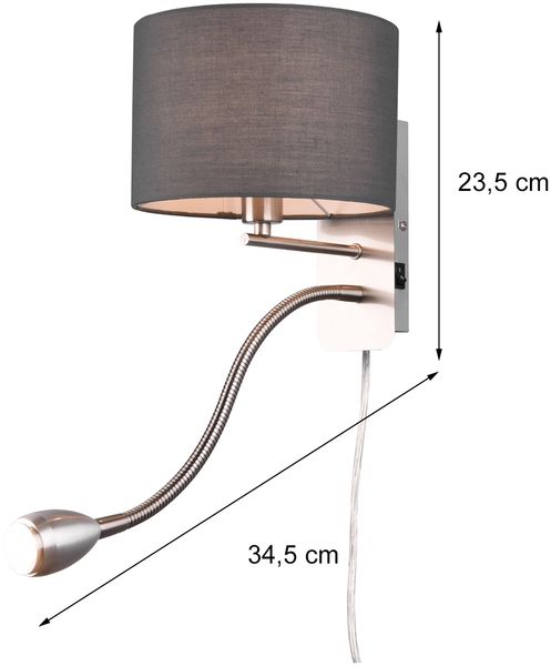 Wandlampe HOTEL mit Leselampe, Schalter & Stecker, Stoffschirm Grau, Höhe 23,5cm Bild 4