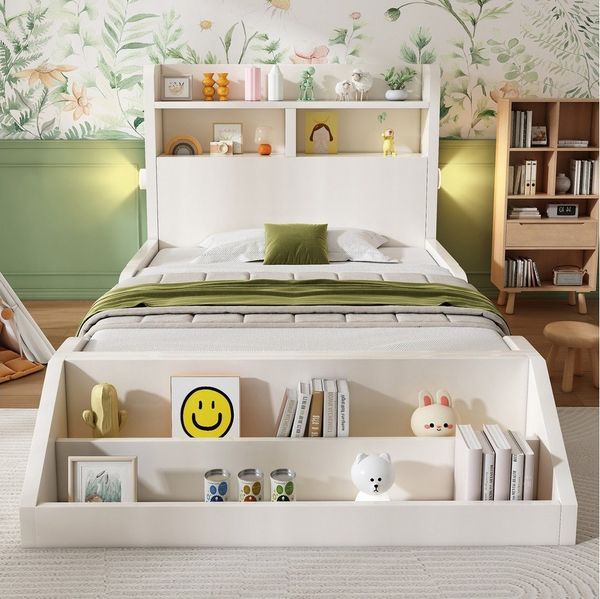 Flieks Kinderbett, Holzbett Einzelbett 90x200cm mit Nachtlicht, abnehmbarem Bücherregal