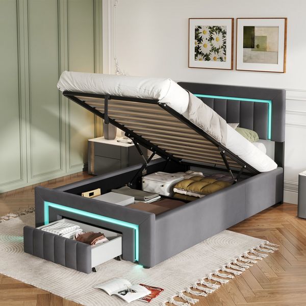 HAUSS SPOLE Polsterbett 90×200 mit LED,Boxspringbett Jugendbett mit Bettkasten und Matratze (Stauraumbett aus Samt mit gepolstertes Kopfteil für Schlafzimmer), Funktionbett mit Lattenrostkonstruktion,mit Matratze