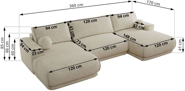 XXL Wohnlandschaft RINA U-Form 360 cm breit, Sofa mit Schlaffunktion & DL-Mechanismus, Wellenfederung, modern freistehend - Creme Strukture Bild 7