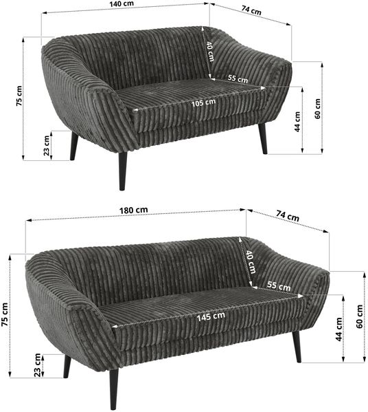 Skandinavisches Sofa Set PIRS 3-2, Komplettset, Wellenfederung, schwarze Füße, Sitzgruppe, Polstermöbel Set - Grau Cord Bild 5