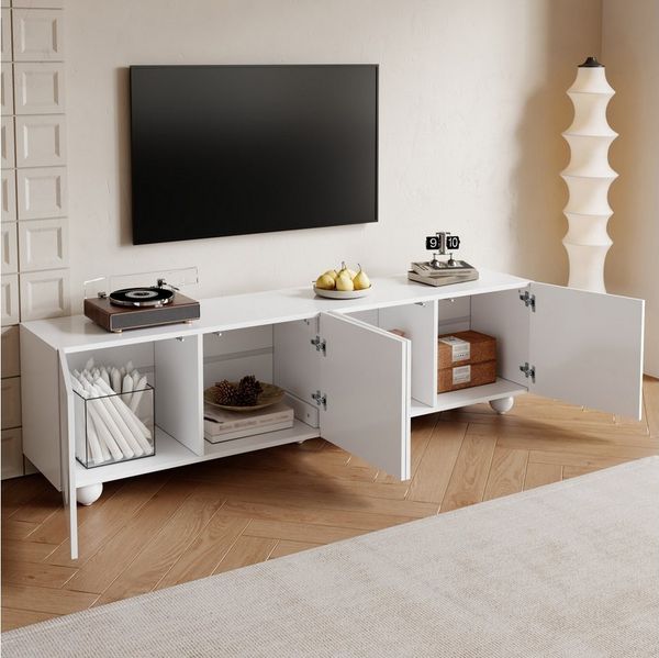 Merax Lowboard in Weiß (1 St, 180,5 x 38 x 50cm), TV-Schrank mit 4 3D-Rundrelief-Türen, Standfuß & Stauraum