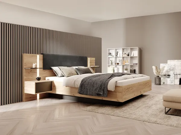 Vente-unique - ELYNIA Bett StoffHolz, Platte GrauBeige - B 200 cm x H 104,4 cm x L 236,4 cm