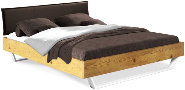 Möbel-Eins CURBY Kufenbett mit Polster-Kopfteil, Material Massivholz, rustikale Altholzoptik, Fichte, Kufen Weiß natur 140x200 cm Kunstleder Braun