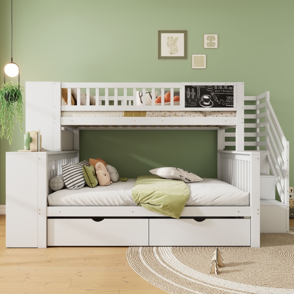 Merax Etagendoppelbett, Hausbett, 140*200cm & 90*200cm, Kinderbett, mit Graffiti-Brett, multifunktionales Kinderbett, mit Treppe und Aufbewahrungsschränken, mit Schubladen, weiß Bild 2