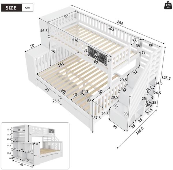 Merax Etagendoppelbett, Hausbett, 140*200cm & 90*200cm, Kinderbett, mit Graffiti-Brett, multifunktionales Kinderbett, mit Treppe und Aufbewahrungsschränken, mit Schubladen, weiß Bild 4