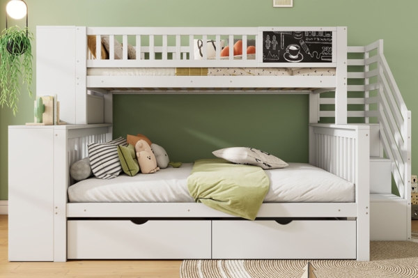 Merax Etagendoppelbett, Hausbett, 140*200cm & 90*200cm, Kinderbett, mit Graffiti-Brett, multifunktionales Kinderbett, mit Treppe und Aufbewahrungsschränken, mit Schubladen, weiß Bild 6