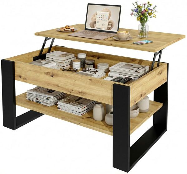 TREND WERK Couchtisch Lift-Couchtisch höhenverstellbar Sofatisch 92×54 cm mit Stauraum, verstecktem Fach Wohnzimmertisch Holz modern