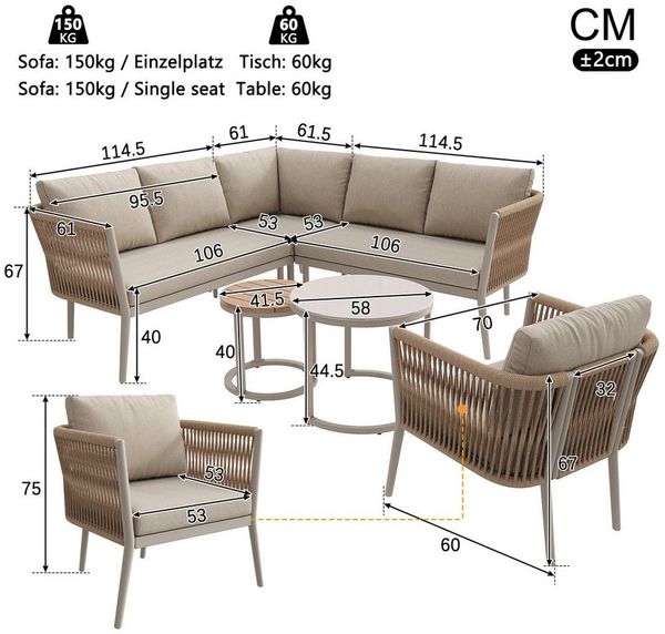 Celya Gartenlounge-Set Gartenlounge-Set für 5-6 Personen,Großes Outdoor Sofa Set, (Modulares Ecksofa Set für Terrasse Balkon, Beige), 6-teiliges PE-rattan Sitzgruppe mit wasserfester Sitzbank, Kissenset